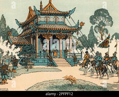 Marco Polo (C1254-1324), insieme al padre e allo zio, arriva al palazzo di Kublai Khan (1215-1294), Xanadu. Di Donn Philip Crane (1878-1944). Nel 1269, Niccolò Polo (c1230-c1294) e Maffeo Polo (c1230-c1309) tornarono a Venezia per la prima volta a incontrare Marco. I tre intrapresero un viaggio epico in Asia, esplorando molti luoghi lungo la Via della Seta fino a raggiungere Cathay (Cina), dove furono ricevuti dalla corte reale di Kublai Khan. Foto Stock