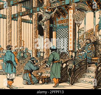 Marco Polo (C1254-1324), insieme al padre e allo zio, è ricevuto dal Kublai Khan (1215-1294). Di Donn Philip Crane (1878-1944). Nel 1269, Niccolò Polo (c1230-c1294) e Maffeo Polo (c1230-c1309) tornarono a Venezia per la prima volta a incontrare Marco. I tre intrapresero un viaggio epico in Asia, esplorando molti luoghi lungo la Via della Seta fino a raggiungere Cathay (Cina), dove furono ricevuti dalla corte reale di Kublai Khan. Foto Stock
