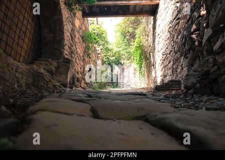 Italia, Imperia, Bussana Vecchia. Tra le vie pedonali dello storico paesino degli artisti Foto Stock