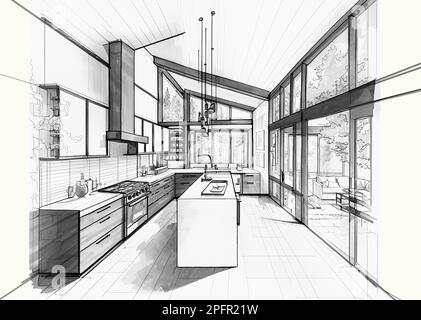 Disegno architettonico di una moderna cucina, disegno bianco e nero Foto Stock