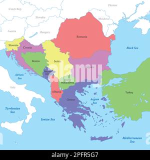 Mappa politica a colori dei Balcani con i confini dei paesi. Illustrazione Vettoriale