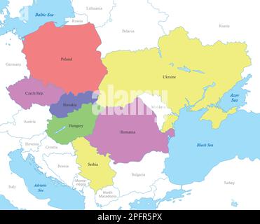 Mappa politica a colori degli stati carpazi con i confini dei paesi. Illustrazione Vettoriale