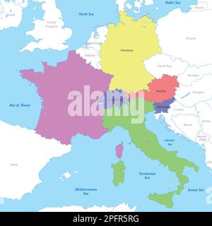 Mappa politica a colori dei paesi alpini con i confini dei paesi. Illustrazione Vettoriale