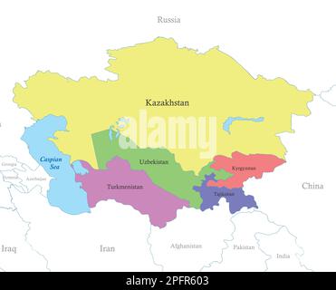 Mappa a colori politica dell'Asia centrale con i confini degli stati. Illustrazione Vettoriale