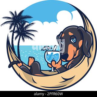 Un Dachshund Dog carino sdraiato in amaca sulla spiaggia gustando un cocktail Illustrazione Vettoriale