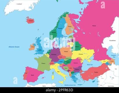 Mappa politica dell'Europa con i confini delle regioni. Illustrazione Vettoriale