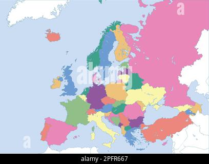 Mappa politica a colori dell'Europa con i confini delle regioni. Illustrazione Vettoriale