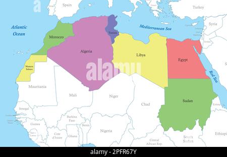 Mappa a colori politica del Nord Africa con i confini degli stati. Illustrazione Vettoriale