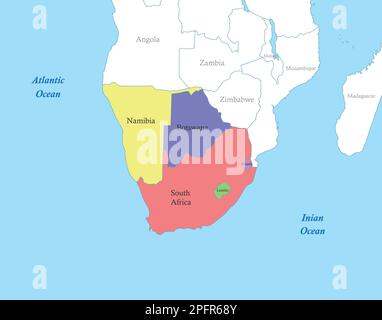 Mappa a colori politica dell'Africa meridionale con i confini degli stati. Illustrazione Vettoriale