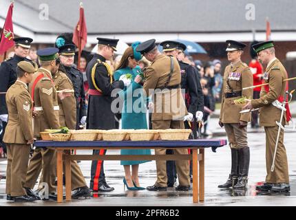 Aldershot, Inghilterra. REGNO UNITO. 17 marzo, 2023. Principe William, Principe di Galles e Caterina, Principessa di Galles frequentano la 2023 St Parata del giorno di Patrick a. Foto Stock