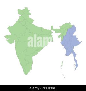 Mappa politica di alta qualità di India e Myanmar con i confini delle regioni o province. Illustrazione vettoriale Illustrazione Vettoriale