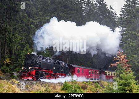 Un treno passeggeri a vapore sulla strada per il Brocken nel Harz Foto Stock