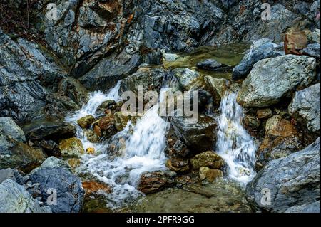 Freshette scorre attraverso il drenaggio roccioso lungo Sawmill Creek Road vicino a Sitka, Alaska, USA. Foto Stock