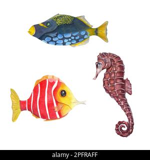Acquerello illustrazione di un insieme di fauna marina isolato su sfondo bianco. Cavalluccio marino, pesci in stile cartoon. Per l'arredamento della stanza dei bambini, la stampa dei bambini, il pos Foto Stock