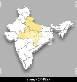 Posizione nella zona centrale all'interno della mappa isometrica dell'India 3D Illustrazione Vettoriale