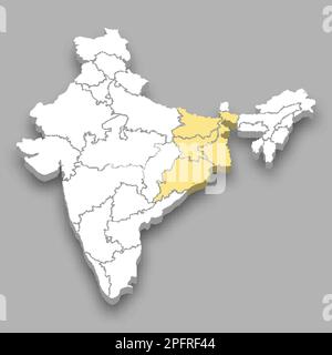 Posizione nella zona orientale all'interno della mappa isometrica dell'India 3D Illustrazione Vettoriale