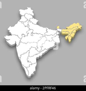 Posizione nella zona nord-orientale all'interno della mappa isometrica dell'India 3D Illustrazione Vettoriale