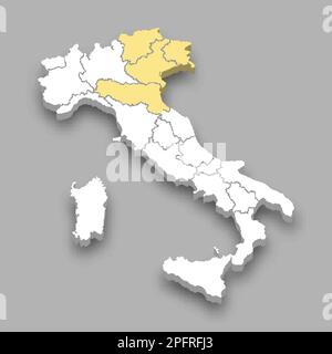 Posizione della regione nord-orientale all'interno dell'Italia mappa isometrica 3D Illustrazione Vettoriale