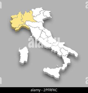 Posizione della regione nord-occidentale all'interno dell'Italia mappa isometrica 3D Illustrazione Vettoriale