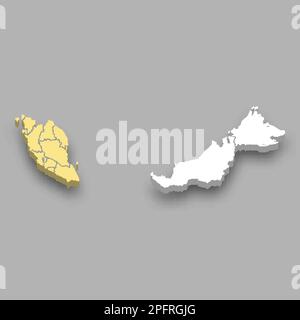 Posizione nella regione occidentale all'interno della mappa isometrica 3D della Malesia Illustrazione Vettoriale