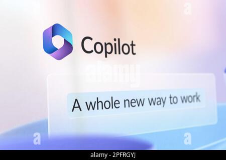 Screenshot di Copilot per Microsoft 365 helper basato su ChatGPT per automatizzare le attività all'interno delle applicazioni di produttività Microsoft. Messa a fuoco selettiva. Foto Stock