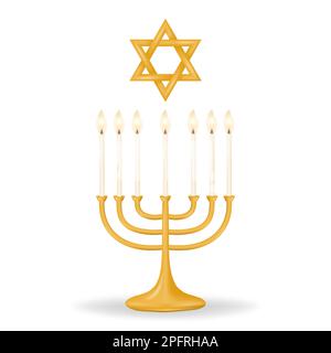 Festeggia la Pasqua con questi iconici menorah e la stella di Davide in oro. Menorah con sette candele, stella di David in un colore oro su un cl Illustrazione Vettoriale