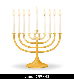 Hanukkiah oro con nove candele su uno sfondo bianco pulito. Ganukkah menorah per nove candele. Perfetto per i vostri design di vacanza. Illustrazione vettoriale Illustrazione Vettoriale