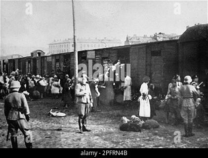 Nelle prime fasi del WW2 gli ebrei dell'europa occupata dai nazisti furono arrotondati e costretti a diventare ghetti affollati. Quando fu presa la decisione di ucciderli tutti furono deportati in centri di sterminio per essere assassinati. Questa immagine mostra che gli ebrei sono stati imbarcati su un treno dell'Olocausto dopo la liquidazione del ghetto di Varsavia. Foto Stock
