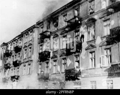 Nel gennaio del 1943 i nazisti arrivarono per arrotondare gli ebrei del ghetto di Varsavia gli ebrei, decisi a combatterlo, presero le SS con armi fatte in casa e primitive. I difensori furono giustiziati o deportati e la zona del Ghetto fu sistematicamente demolita. Questo evento è noto come la rivolta del Ghetto. Questa immagine mostra un uomo che cade alla sua morte piuttosto che essere catturato. Questa immagine è tratta dal record fotografico tedesco dell'evento, noto come rapporto Stroop. Foto Stock