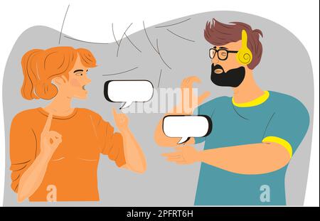 uomo e donna sordomuti comunicano tra loro con gesti di mano Illustrazione Vettoriale