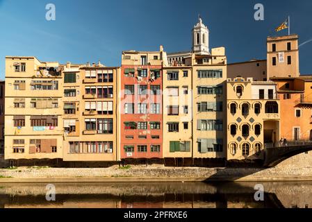 Dai luminosi gialli e arance degli edifici agli affascinanti balconi e fioriere, l'architettura di Girona in Catalogna è una festa per il Foto Stock