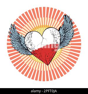 T-shirt con cuore alato e colori rosso e bianco. Cuore con i colori della bandiera di Indonesia, Monaco o Polonia. Illustrazione Vettoriale