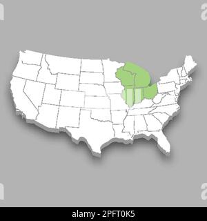 Divisione East North Central all'interno degli Stati Uniti mappa isometrica 3D Illustrazione Vettoriale