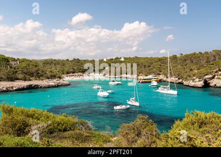 Nell'incantevole Cala Mondrago di Maiorca, in Spagna, i visitatori possono godere di acque cristalline, di soffice sabbia bianca e di una vegetazione lussureggiante, il tutto circondato da stu Foto Stock