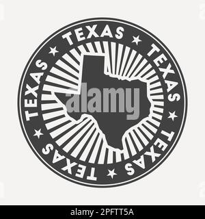 Logo rotondo del Texas. Badge da viaggio vintage con il nome circolare e la mappa dello stato degli Stati Uniti, illustrazione vettoriale. Illustrazione Vettoriale