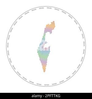 Logo rotondo Israele. Stile digitale forma di Israele in cerchio punteggiato con nome del paese. Icona tecnica del paese con punti sfumati. Pura illlust vettoriale Illustrazione Vettoriale