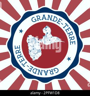 Distintivo Grande-Terre. Logo rotondo dell'isola con mappa a maglia triangolare e raggi radiali. Vettore EPS10. Illustrazione Vettoriale