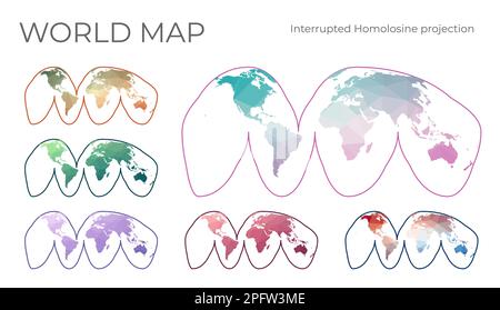 Mappa mondo Poly bassa impostata. La proiezione dell'omolosina interrotta di Goode. Collezione di mappe del mondo in stile geometrico. Illustrazione vettoriale. Illustrazione Vettoriale