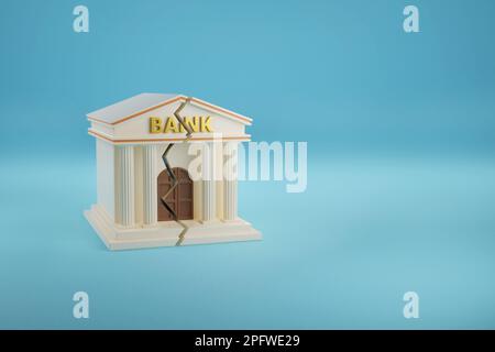 Edificio della banca che si scomposizione su sfondo blu con spazio di copia. illustrazione 3d. Foto Stock