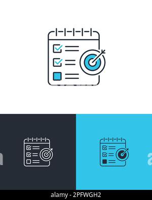 Elenco di controllo per la pianificazione dell'assegnazione delle attività con obiettivo. Concetto di gestione del progetto e pianificazione strategica. Icone vettoriali su 3 sfondi diversi. Illustrazione Vettoriale