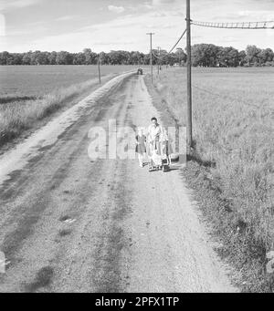 Genitori negli anni '1940s. Una madre e le sue figlie camminano lungo una strada con il bambino in carrozzina. Un'auto sta chiudendo su di loro da dietro. Svezia 1948 Kristoffersson Ref AR77-1 Foto Stock