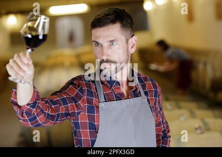 vetro inclinabile del produttore di vino per controllare la qualità del vino Foto Stock