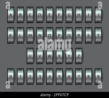 Carattere di blocco combinazione. Codice meccanico in metallo realistico Illustrazione Vettoriale