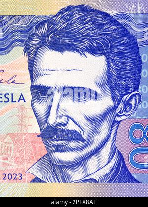 Nikola Tesla un ritratto di primo piano dal denaro Foto Stock