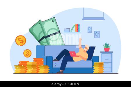 Freelance con computer portatile e pile di monete enormi Illustrazione Vettoriale