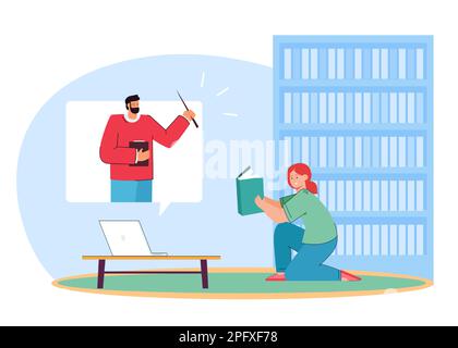 Ragazza che studia a distanza durante l'illustrazione pandemica del vettore piatto Illustrazione Vettoriale