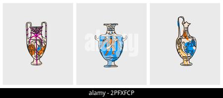 Disegno a mano vettoriale astratto contorno, grafica, arte contemporanea greco antico scultura vecchia linea vaso moderno disegno set.antico classico antico vaso in Illustrazione Vettoriale