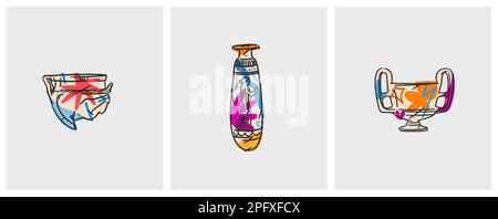 Disegno a mano vettoriale astratto contorno, grafica, arte contemporanea greco antico scultura vecchia linea vaso moderno disegno set.antico classico antico vaso in Illustrazione Vettoriale