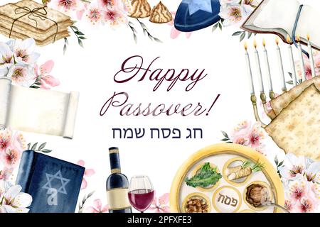 Buon banner pasquale con saluti ebraici, piatto di Pesah seder, matzah e fiori di mandorla - Chag Sameach biglietto di auguri ebraico Foto Stock