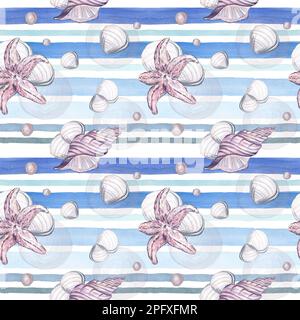 Senza cuciture a strisce blu di conchiglie, stelle marine e perle. Illustrazione con acquerello su sfondo bianco. Isolato su un background. Bianco per il Foto Stock
